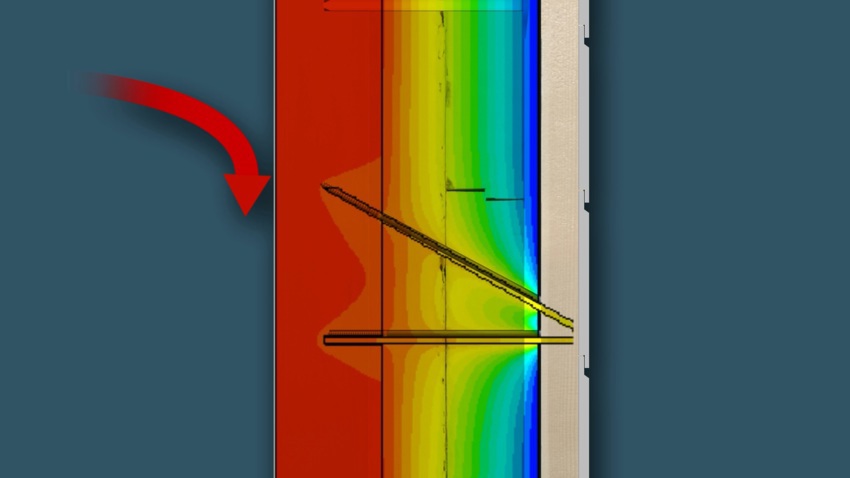 Illustratie van koudebruggen van blauw naar rood, die ontstaan bij het isoleren met afstandschroeven.