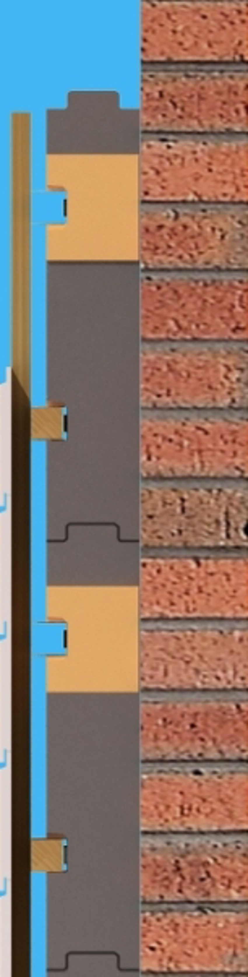 Illustratie van het zijaanzicht van gevelopbouw met binnenmuur, SlimFort isolatie en bekleding.