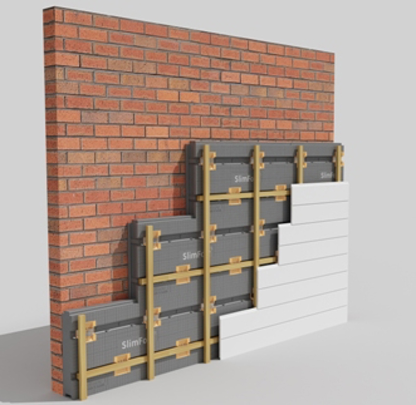 Illustratie van een gevelopbouw met binnenmuur, SlimFort isolatie en gevelbekleding.