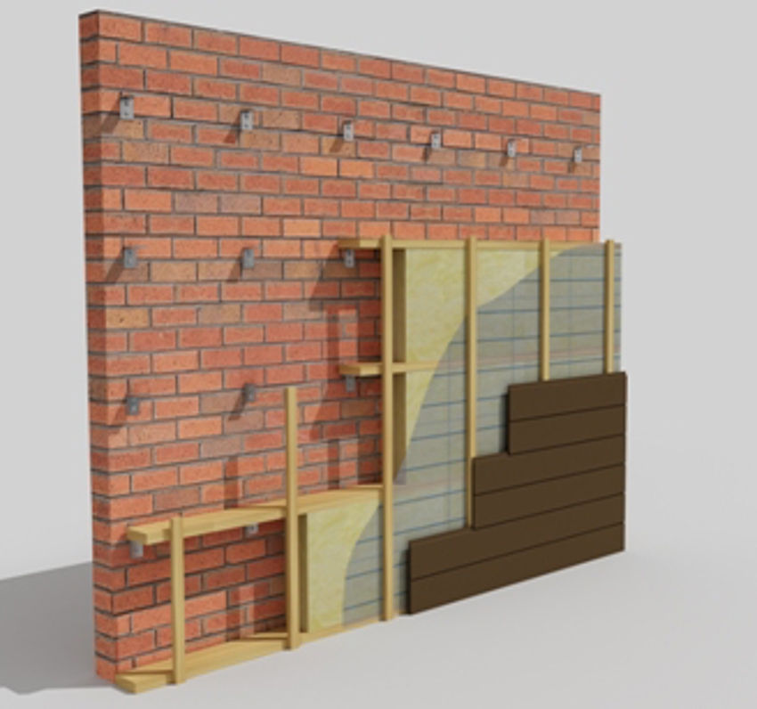 Illustratie van een gevelopbouw met binnenmuur, traditionele isolatie en gevelbekleding.
